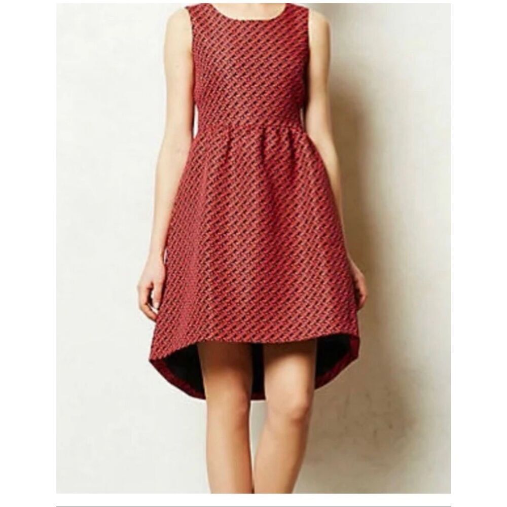 LILI WANG Anthropologie 12 Geo Jacquard sleeveless high low coral red Dress